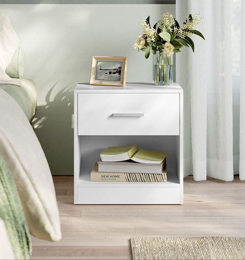 Rootz Bedside Table with Drawer - Nightstand - Bedroom Table -  White Finish - Chipboard - 28 x 39 x 41cm