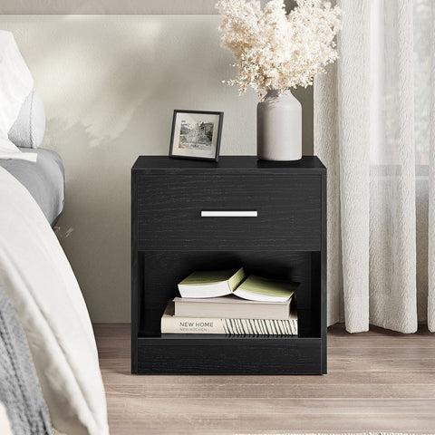 Rootz Chipboard Side Table - Classic Black Nightstand - Bedside Table - Sturdy Construction - Spacious Drawer - Easy Assembly - 28cm x 39cm x 41cm