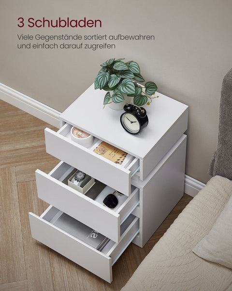 Rootz Chipboard Side Table - White End Table - Bedside Table - 3 Drawer Nightstand - 33.5cm x 40cm x 55cm - Lightweight - Sturdy - Easy Assembly