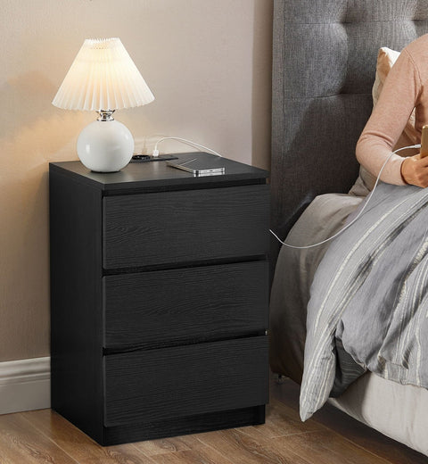 Rootz Side Table with 3 Drawers - Nightstand - Bedside Table - Modern Design - Ebony Black Finish - 45cm x 40cm x 60cm