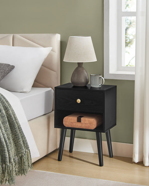Rootz Ebony Black Bedside Table - Nightstand - Bedside Cabinet - Chipboard - MDF - Solid Wood - 28cm x 39cm x 55cm