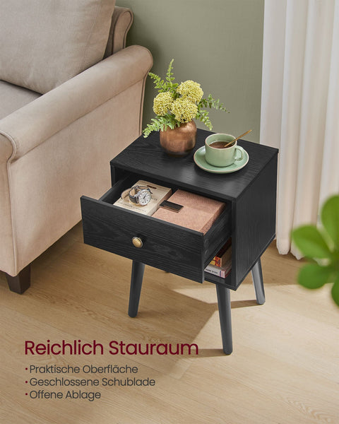 Rootz Ebony Black Bedside Table - Nightstand - Bedside Cabinet - Chipboard - MDF - Solid Wood - 28cm x 39cm x 55cm