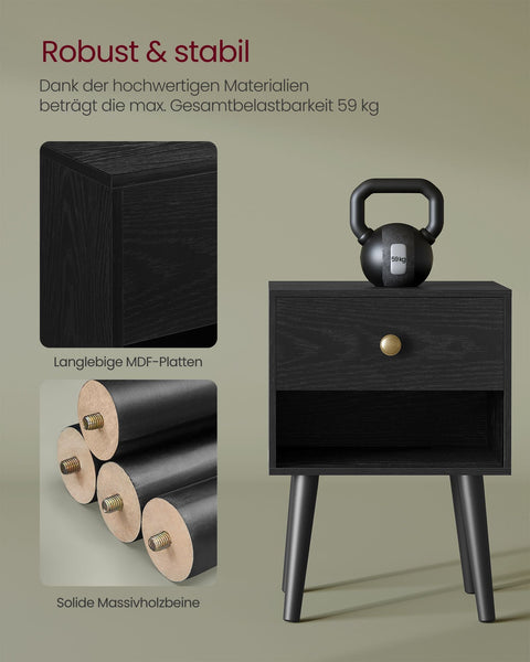 Rootz Ebony Black Bedside Table - Nightstand - Bedside Cabinet - Chipboard - MDF - Solid Wood - 28cm x 39cm x 55cm