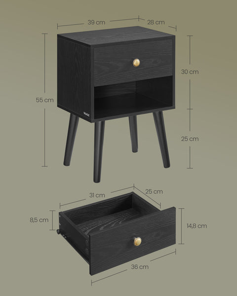 Rootz Ebony Black Bedside Table - Nightstand - Bedside Cabinet - Chipboard - MDF - Solid Wood - 28cm x 39cm x 55cm