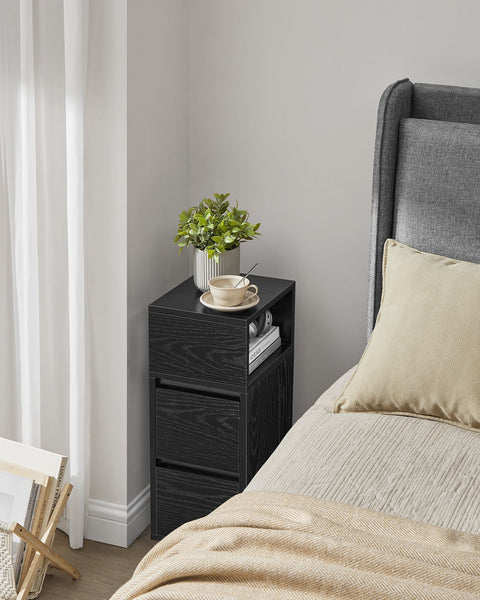 Rootz Narrow Bedside Table - Nightstand - 2 Drawer Storage - Space Saving - 30cm x 25cm x 65cm - Black