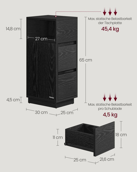 Rootz Narrow Bedside Table - Nightstand - 2 Drawer Storage - Space Saving - 30cm x 25cm x 65cm - Black
