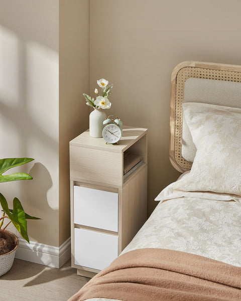 Rootz Bedside Table - Nightstand - Wooden Cabinet - Storage Organizer - 30cm x 25cm x 65cm - Natural Beige & Cloud White