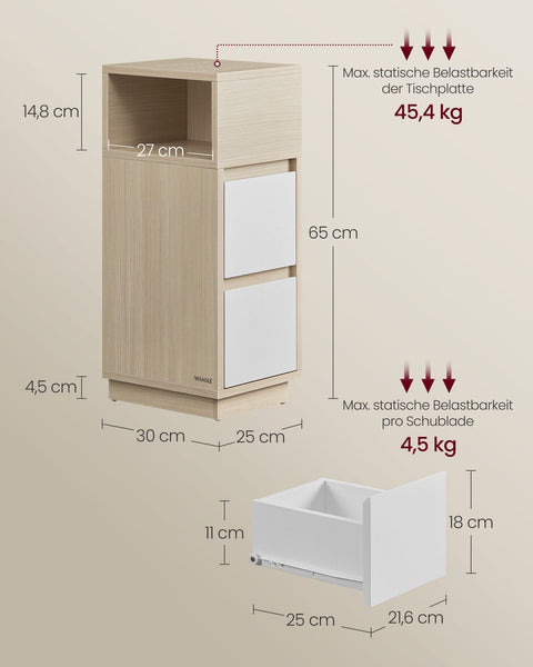 Rootz Bedside Table - Nightstand - Wooden Cabinet - Storage Organizer - 30cm x 25cm x 65cm - Natural Beige & Cloud White