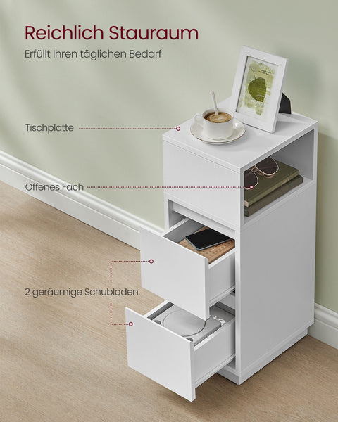 Rootz White Bedside Table - Nightstand - Storage Cabinet - Wood Chipboard - 30cm x 25cm x 65cm - MDF - 9.6kg - 45.4 kg Capacity