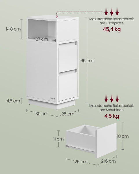 Rootz White Bedside Table - Nightstand - Storage Cabinet - Wood Chipboard - 30cm x 25cm x 65cm - MDF - 9.6kg - 45.4 kg Capacity