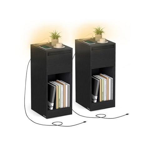 Rootz 2 Piece Set Black Bedside Table - Nightstand - Wooden Bedroom Furniture - Durable MDF - 30cm x 25cm x 59.5cm