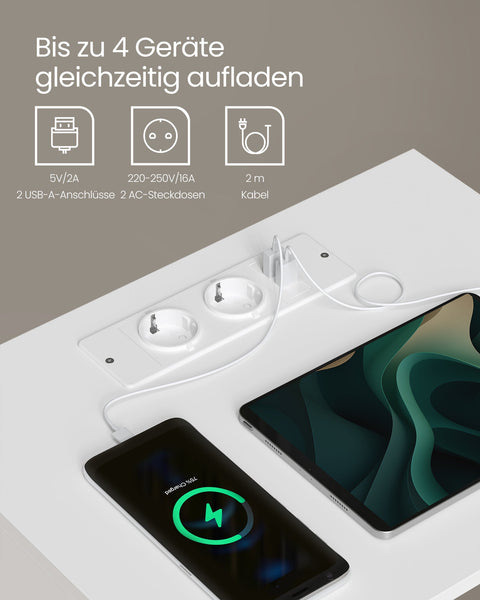 Rootz 2-Piece Set Bedside Table - Charging Nightstand - Matt White - Chipboard - 35cm x 45cm x 58.3cm - Drawer - USB Charging - 11.6kg