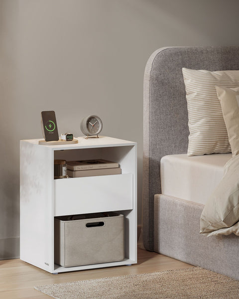Rootz Bedside Table with Charging Function - Nightstand - Drawer - Matt White - Chipboard Material - 35cm x 45cm x 58.3cm - 11.6kg