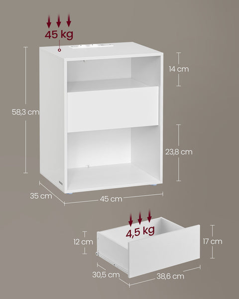 Rootz Bedside Table with Charging Function - Nightstand - Drawer - Matt White - Chipboard Material - 35cm x 45cm x 58.3cm - 11.6kg