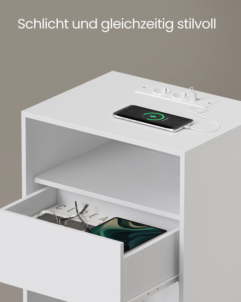 Rootz Bedside Table with Charging Function - Nightstand - Drawer - Matt White - Chipboard Material - 35cm x 45cm x 58.3cm - 11.6kg