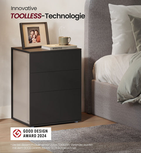 Rootz Bedside Table - Nightstand - 3 Drawer Chest - Space Saving Design - 35cm x 45cm x 58.7cm -  Black-Brown