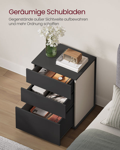Rootz Bedside Table - Nightstand - 3 Drawer Chest - Space Saving Design - 35cm x 45cm x 58.7cm -  Black-Brown