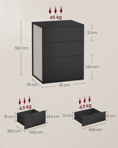 Rootz Bedside Table - Nightstand - 3 Drawer Chest - Space Saving Design - 35cm x 45cm x 58.7cm -  Black-Brown