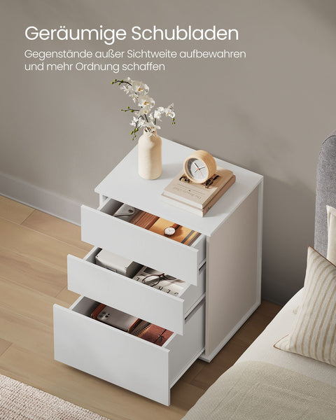 Rootz Bedside Table with 3 Drawers - Nightstand - Bedside Cabinet - Chipboard Material - 35cm x 45cm x 58.7cm - Matt White-Cappuccino Beige