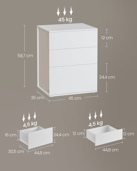Rootz Bedside Table with 3 Drawers - Nightstand - Bedside Cabinet - Chipboard Material - 35cm x 45cm x 58.7cm - Matt White-Cappuccino Beige
