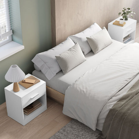 Rootz 2 Piece Set Side Table - Nightstand - Bedside Table - Chipboard Material - Classic White - 28cm x 39cm x 41cm - 5.7kg - Drawer with 5kg Capacity - Total 75kg Capacity
