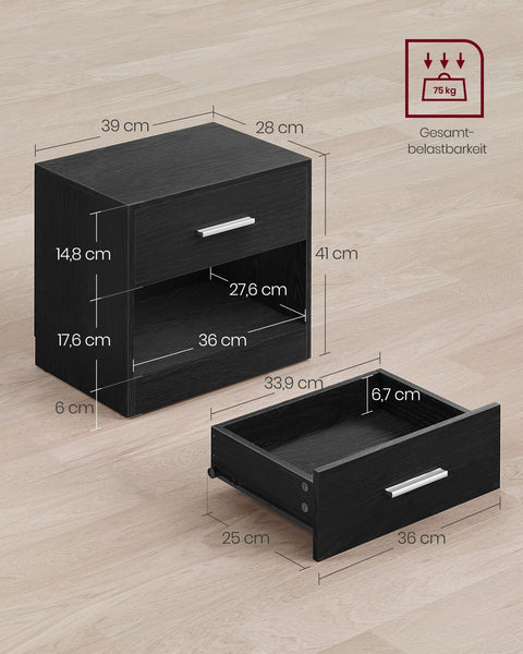 Rootz Chipboard Side Table Set - Classic Black - Bedside Tables - Nightstand - 5.7kg - 28cm x 39cm x 41cm - Drawer Capacity 5kg - Total Capacity 75kg