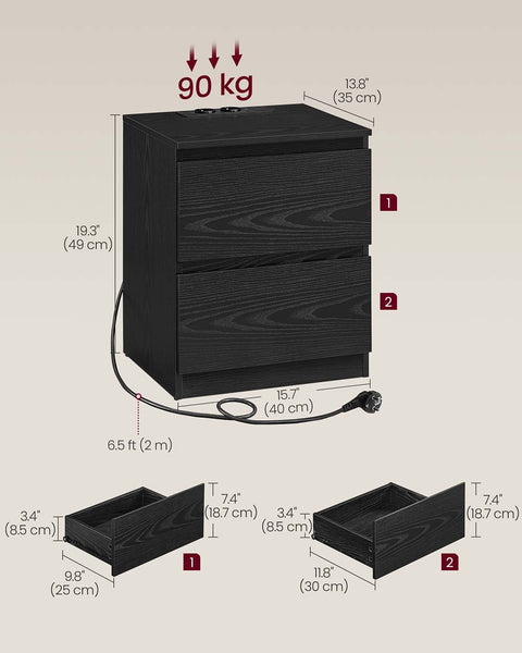 Rootz 2 Piece Set Bedside Table - Nightstand - Bedside Cabinet - Durable MDF - 35cm x 40cm x 49cm - Ebony Black