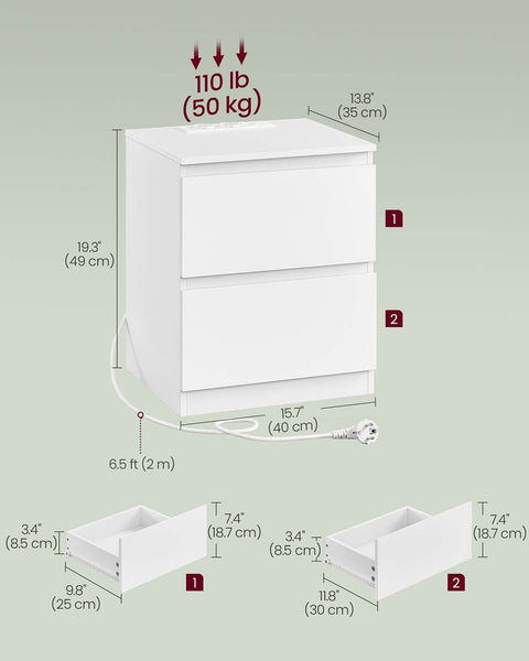Rootz 2 Piece Set Bedside Tables - Nightstands -White - Wooden MDF - 35cm x 40cm x 49cm