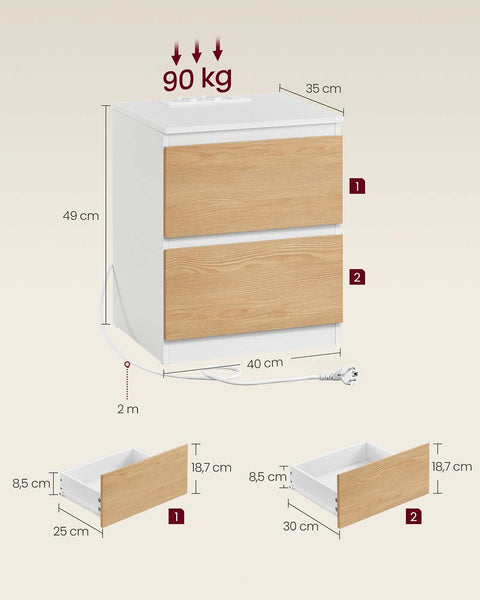 Rootz 2 Piece Set White and Brown Bedside Tables - Nightstands - Wooden Furniture - Durable Storage - 35cm x 40cm x 49cm