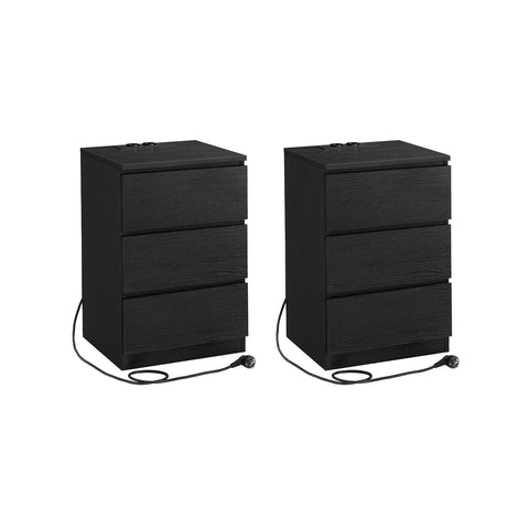 Rootz Bedside Table Set of 2 - Nightstand - Night Table - Modern Design - 2 USB Ports - Ebony Black - 45cm x 35cm x 55cm
