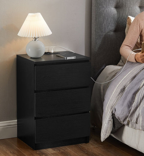 Rootz Bedside Table Set of 2 - Nightstand - Night Table - Modern Design - 2 USB Ports - Ebony Black - 45cm x 35cm x 55cm
