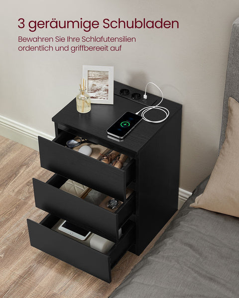 Rootz Bedside Table Set of 2 - Nightstand - Night Table - Modern Design - 2 USB Ports - Ebony Black - 45cm x 35cm x 55cm