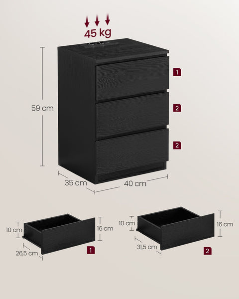Rootz Bedside Table Set of 2 - Nightstand - Night Table - Modern Design - 2 USB Ports - Ebony Black - 45cm x 35cm x 55cm