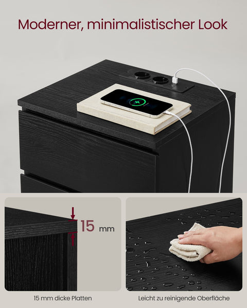 Rootz Bedside Table Set of 2 - Nightstand - Night Table - Modern Design - 2 USB Ports - Ebony Black - 45cm x 35cm x 55cm
