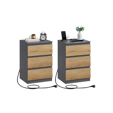 Rootz 2 Piece Set Bedside Table - Nightstand - End Table - Charging Station - Grey, Brown - 35cm x 40cm x 59cm