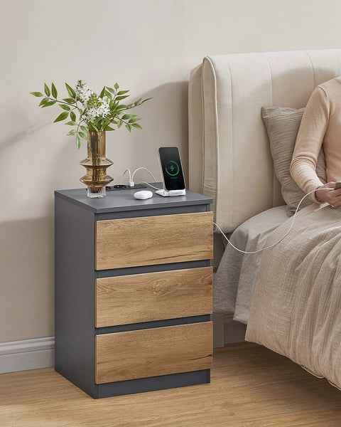 Rootz 2 Piece Set Bedside Table - Nightstand - End Table - Charging Station - Grey, Brown - 35cm x 40cm x 59cm