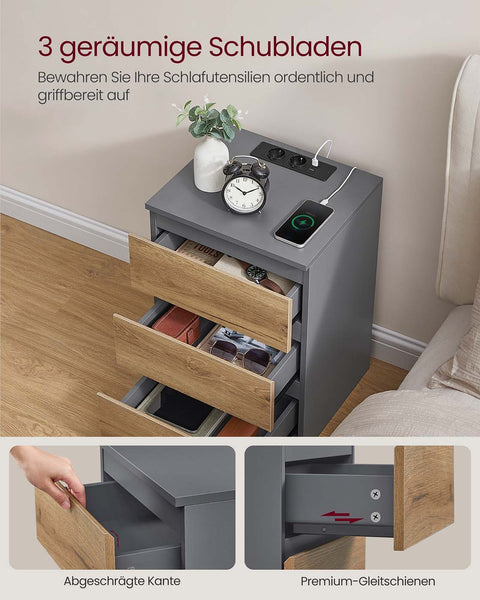 Rootz 2 Piece Set Bedside Table - Nightstand - End Table - Charging Station - Grey, Brown - 35cm x 40cm x 59cm