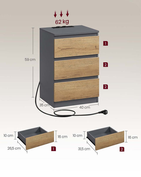 Rootz 2 Piece Set Bedside Table - Nightstand - End Table - Charging Station - Grey, Brown - 35cm x 40cm x 59cm