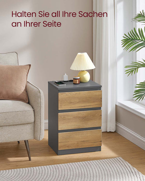 Rootz 2 Piece Set Bedside Table - Nightstand - End Table - Charging Station - Grey, Brown - 35cm x 40cm x 59cm