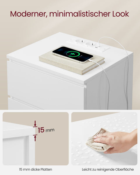 Rootz Bedside Table Set of 2 - Nightstand Set - Modern End Tables - 2 AC Sockets - Cloud White - 45cm x 35cm x 55cm