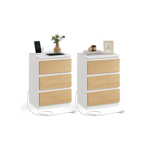 Rootz Bedside Table 2 Set with Drawer - Nightstand - Bedside Cabinet - Charging Station - 35cm x 40cm x 59cm - White and Brown