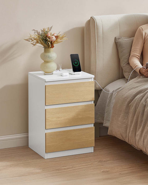 Rootz Bedside Table 2 Set with Drawer - Nightstand - Bedside Cabinet - Charging Station - 35cm x 40cm x 59cm - White and Brown