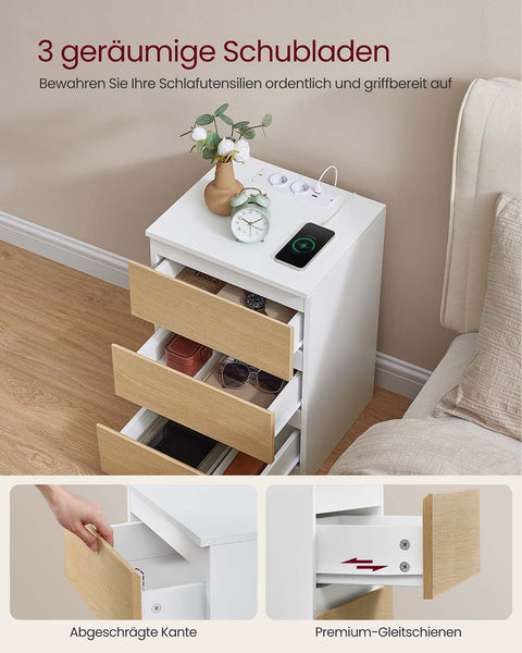 Rootz Bedside Table 2 Set with Drawer - Nightstand - Bedside Cabinet - Charging Station - 35cm x 40cm x 59cm - White and Brown