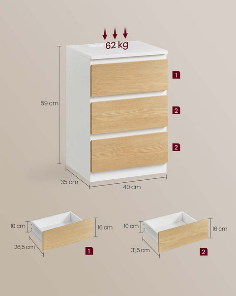 Rootz Bedside Table 2 Set with Drawer - Nightstand - Bedside Cabinet - Charging Station - 35cm x 40cm x 59cm - White and Brown