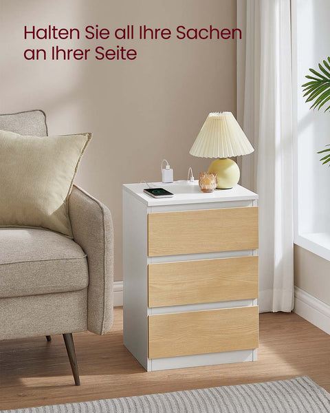 Rootz Bedside Table 2 Set with Drawer - Nightstand - Bedside Cabinet - Charging Station - 35cm x 40cm x 59cm - White and Brown