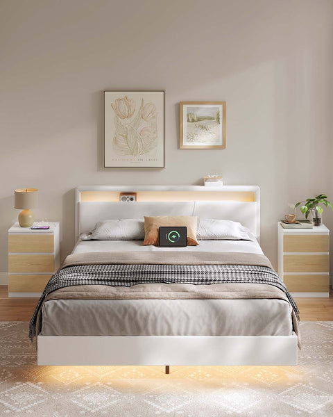 Rootz Bedside Table 2 Set with Drawer - Nightstand - Bedside Cabinet - Charging Station - 35cm x 40cm x 59cm - White and Brown