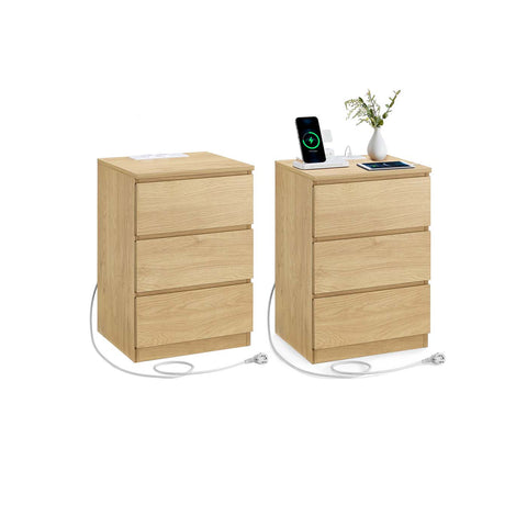 Rootz 2 Piece Set Bedside Table - Nightstand - Bedroom Table - Charging Station - Brown - 35 x 40 x 59 cm