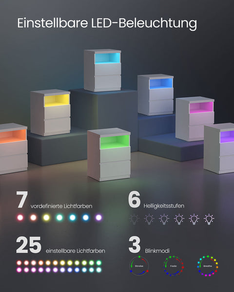 Rootz 2 Piece Set Bedside Table - Nightstand - Bedside Cabinet - Adjustable LED Lighting - 35cm x 40cm x 55cm