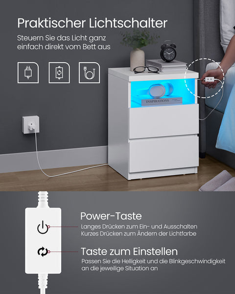 Rootz 2 Piece Set Bedside Table - Nightstand - Bedside Cabinet - Adjustable LED Lighting - 35cm x 40cm x 55cm