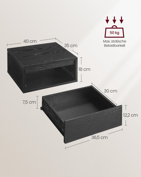 Rootz Set of 2 Floating Bedside Tables - Wall Mounted Shelves - Nightstands - Wood Chipboard & MDF - 35cm x 40cm x 18cm - 12.4kg - 50kg Capacity